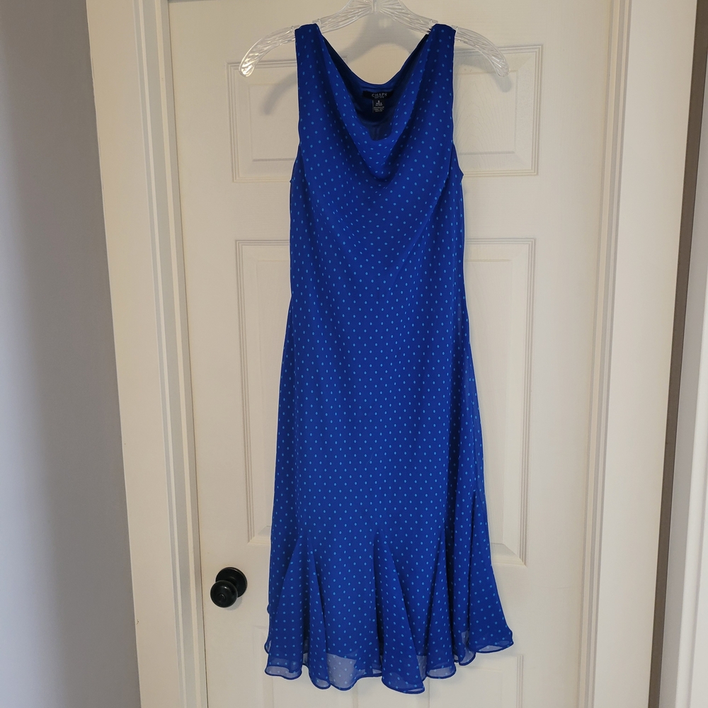 Chaps Royal Blue Polka Dot Sleeveless Midi Dress with Ruffled Hem